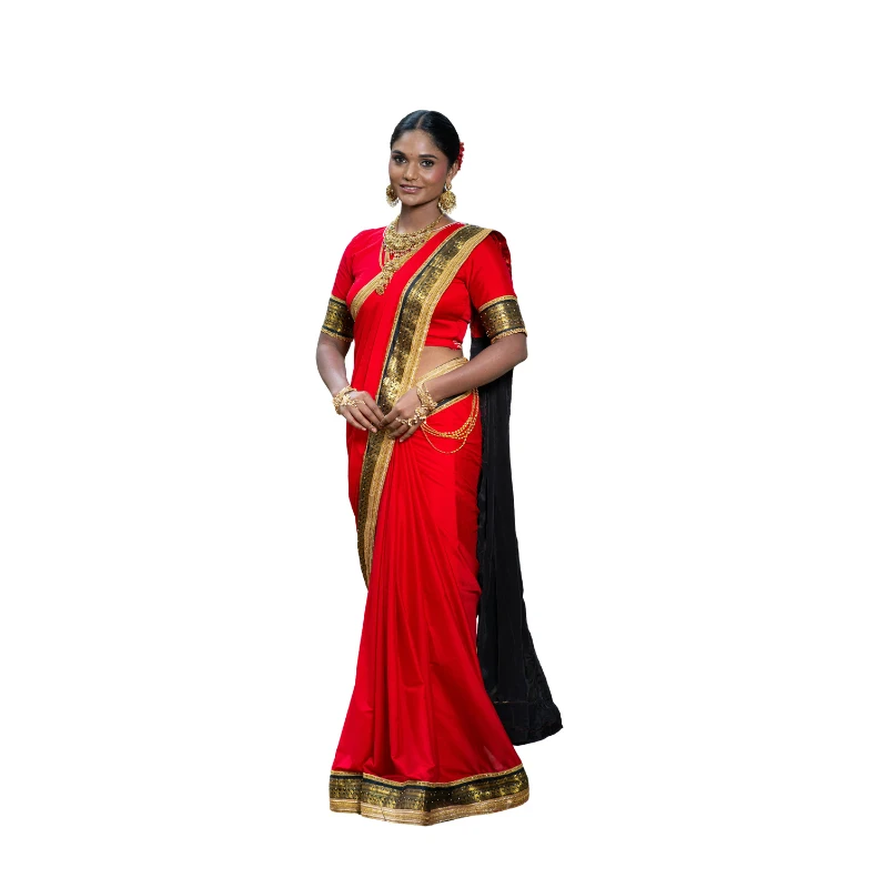 Strawberry Red Printed and Nakshi Kantha Embroidered Silk Saree