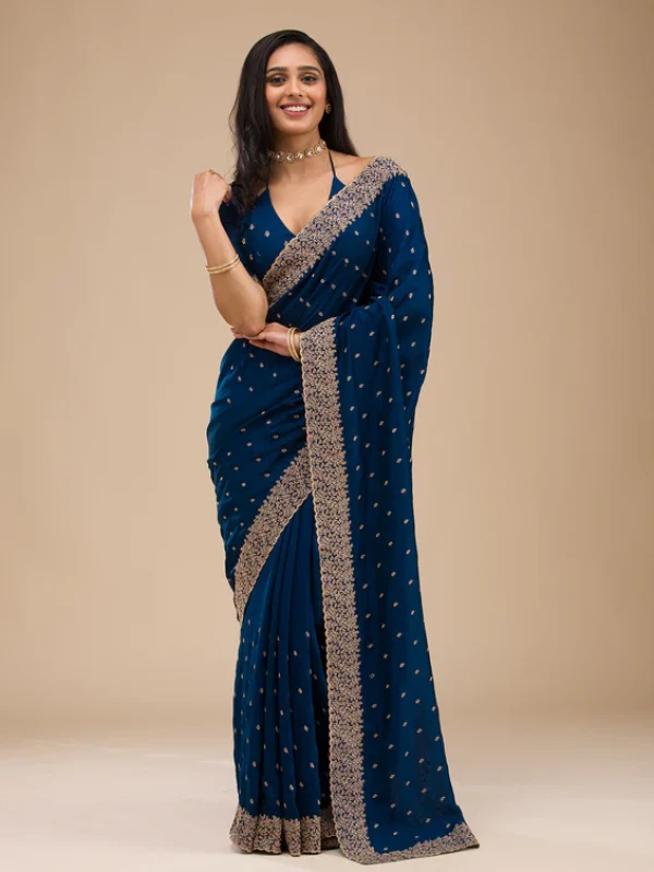 Navy Blue Soft Raw Silk Gold Zariwork Saree With Matching Blouse Piece