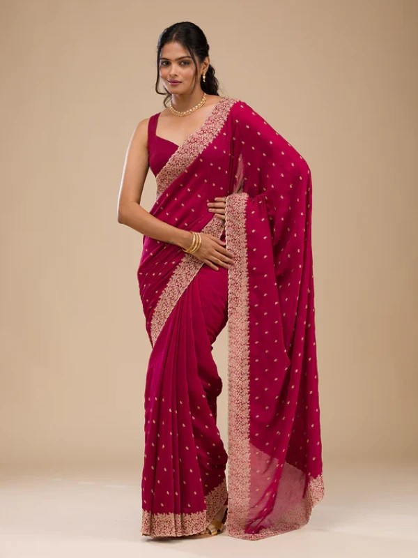 Rani Pink Soft Raw Silk Gold Zariwork Saree With Matching Blouse Piece