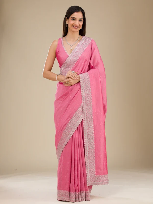 Rani Pink Soft Raw Silk Silver Zariwork Saree With Matching Blouse Piece