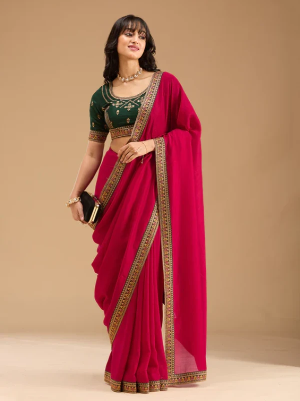 Rani Pink Soft Raw Silk Gold Zariwork Saree With Matching Blouse Piece