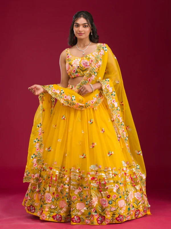 Yellow Threadwork Tissue Readymade Lehenga