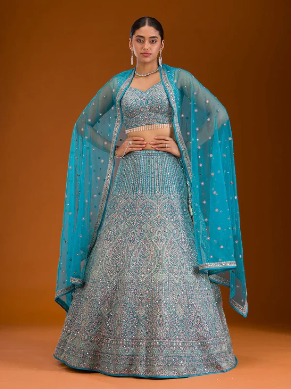Turquoise Blue Threadwork Net Readymade Lehenga