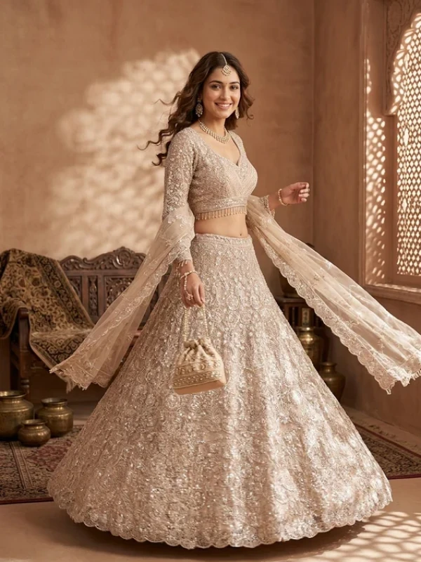 Beige Cutdana Net Readymade Lehenga