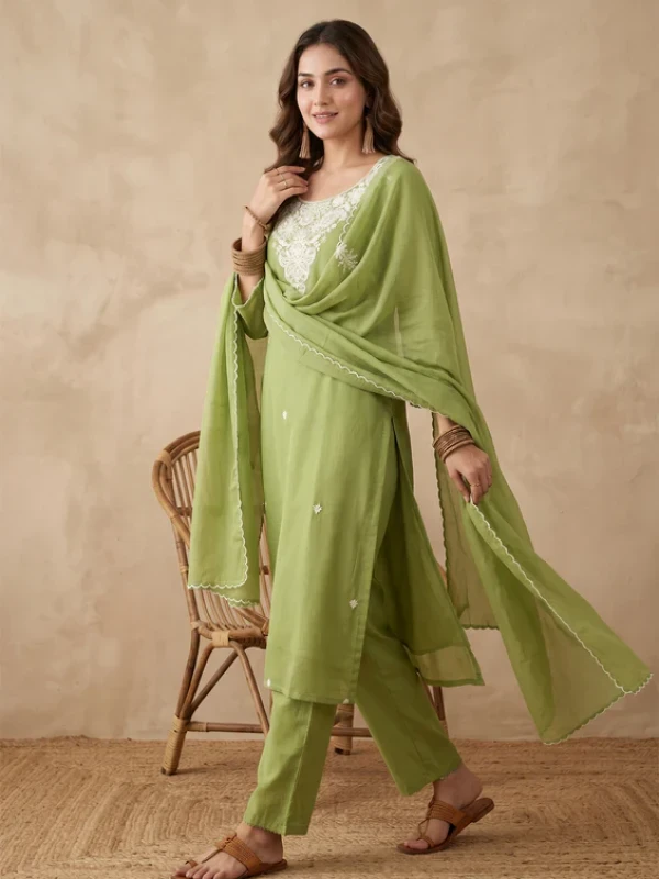 Pista Green Threadwork Chanderi Readymade Salwar Suit