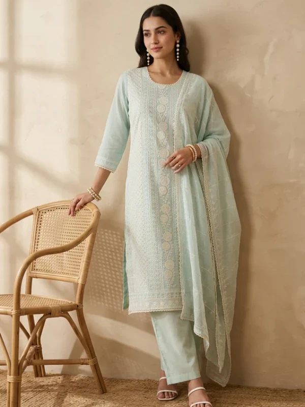 Sea Green Threadwork Chanderi Readymade Salwar Suit