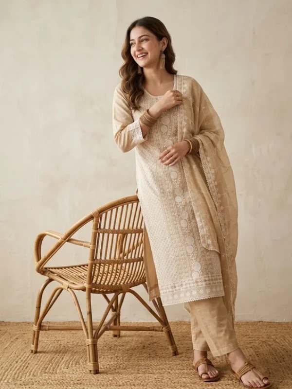 Beige Threadwork Chanderi Readymade Salwar Suit