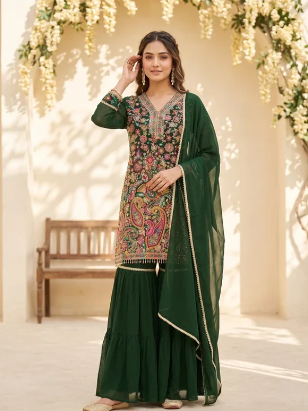 Bottle Green Threadwork Georgette Readymade Salwar Suit